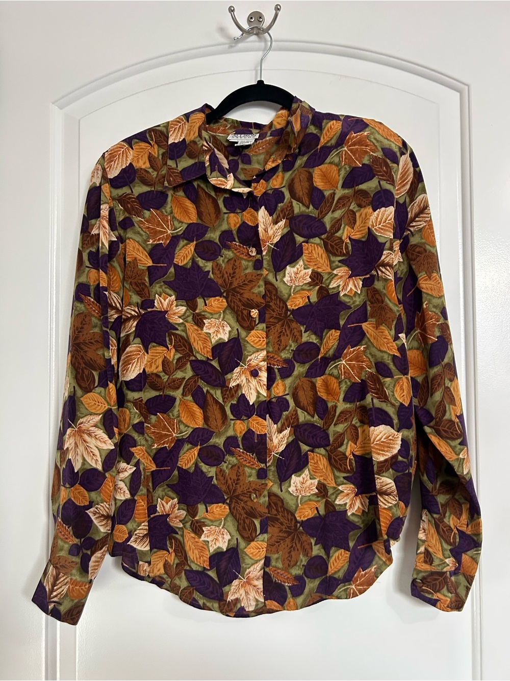 Vintage 100% Silk Leaf Print Button-Up Top Size L fall preppy cottage core 90s